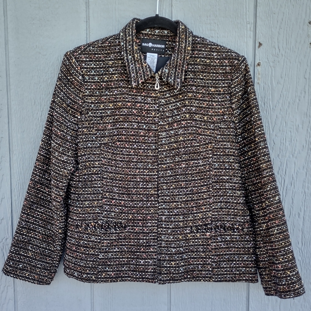 Sag‎ Harbor Tweed Zip Front Blazer 10 Petite Black & Multicolor